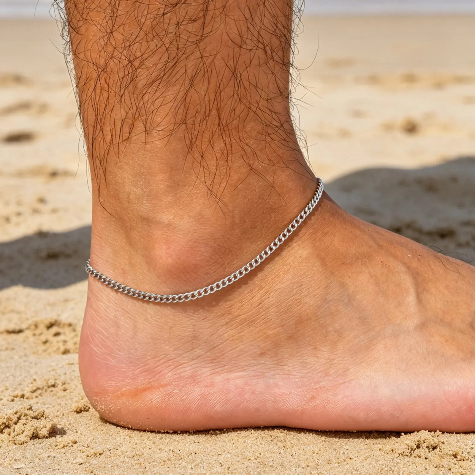 Hip-Hop Herren-Fußkettchen, Wasserfestes Silberfarbenes Edelstahl-Fußkettchen, Sommer-Strandschmuck für Ihn – Detail 1