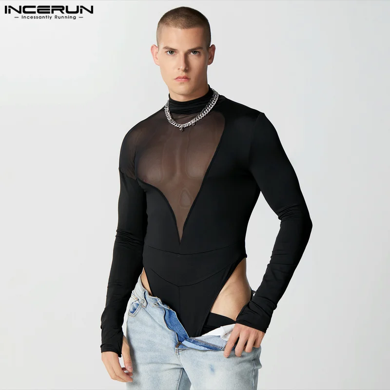 

2023 Men Bodysuits Mesh Patchwork Transparent Sexy Turtleneck Long Sleeve Streetwear Rompers Men Fashion Bodysuit S-5XL INCERUN