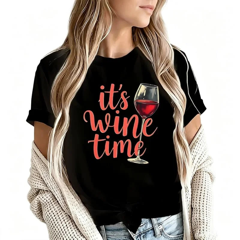 It's Wine Time Women's T-Shirt 100% Cotton Funny Graphic Short Sleeve Tee Novelty Shirt Casual Crew Neck Top S-5Xl