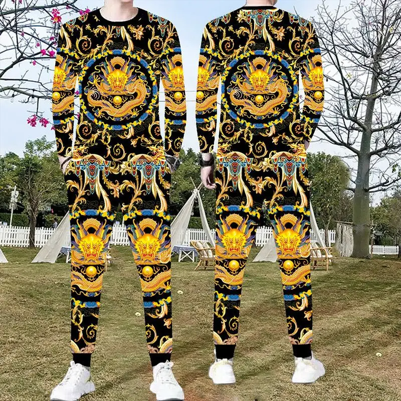 New men\'s sportswear suit male 3D bull head long-sleeved casual slim T-shirt trousers 2-piece set 3D tiger print T-shirt pants