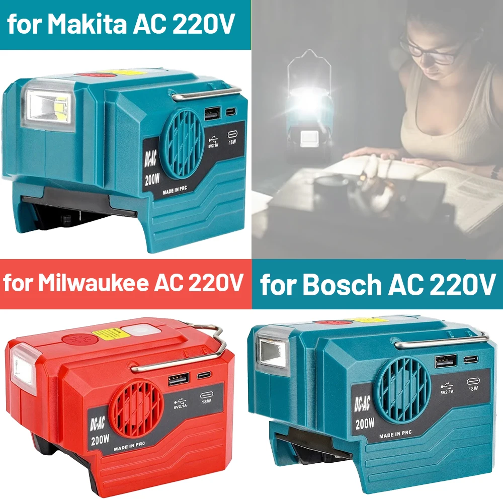 

Инвертор мощности для батареи Makita/Dewalt/Milwaukee/Bosch 18 В, портативный источник питания переменного тока 220 В с розеткой переменного тока, портами USB и Type-C и светодиодами