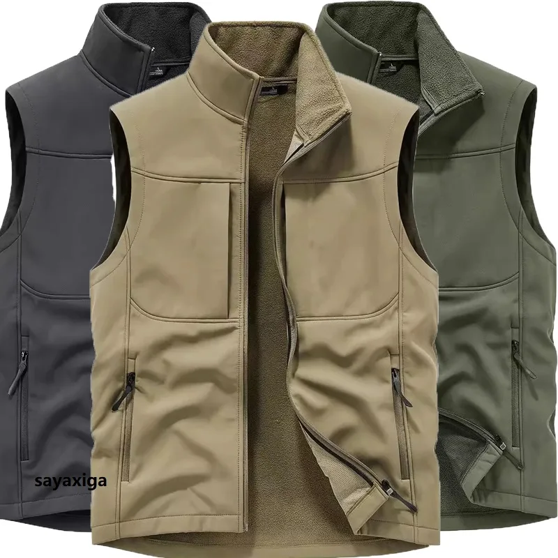 Multi pockets fleece jacket waistcoat zipper coat stand collar warm thermal outdoor fishing vest Sleeveless Coat Vest Jackets5XL