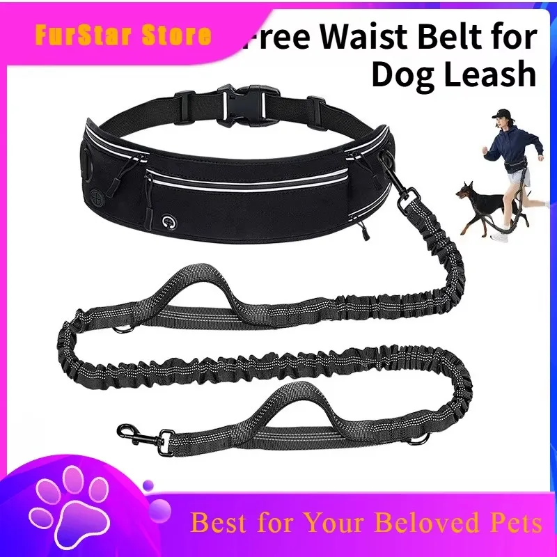 FurStarHands Free Running Belt Retractable Dog Leash Anti Pull Shock Absorber Multi Functional Pet Waist Bag For Jogging Walking