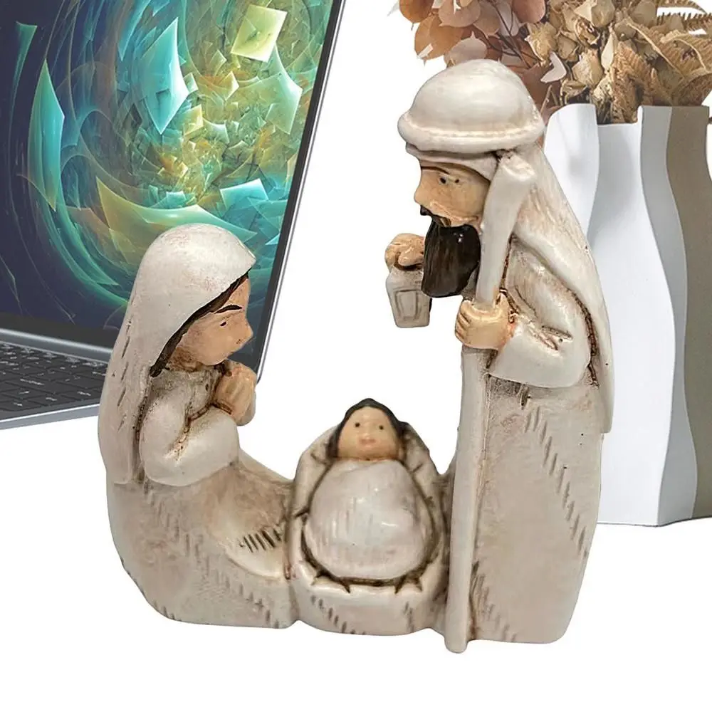 Exquisite Cute Jesus Birth Sculpture Decorative Sturdy Christmas Manger Ornaments Cartoon Religious Resin Statue Desktop