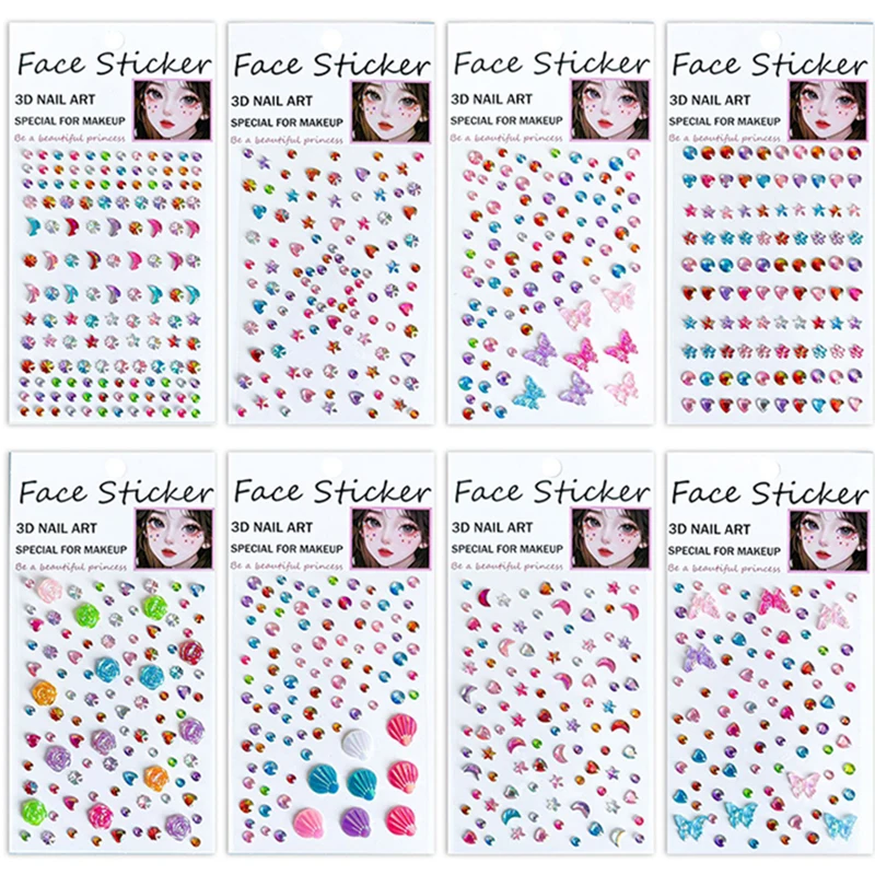2PCS/3D Colorful Facial Eye Party Makeup Tattoo Stickers, Diamond Water Diamond Self Adhesive Mixed Crystal Decorative Stickers