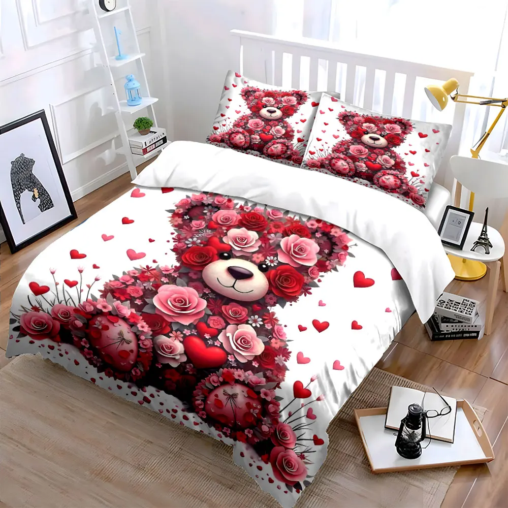 Floral bear adorned with roses and hearts Printed Duvet Cover Set1 Duvet Cover+2 PillowcaseMulti Size Bedroom Bedding Decor
