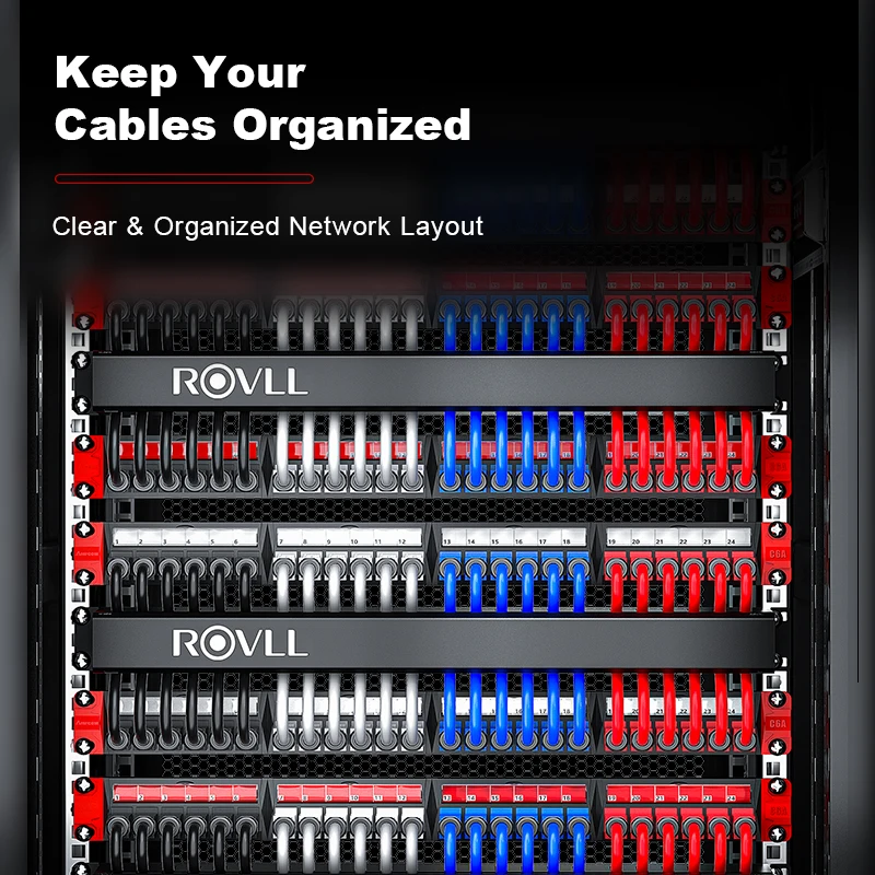 ROVLL Cable Management Organizer 19 Inch 1U Rack Mount, Server Rack Cable Manager Metal Wire Organizer 12/24 Slots Network Panel