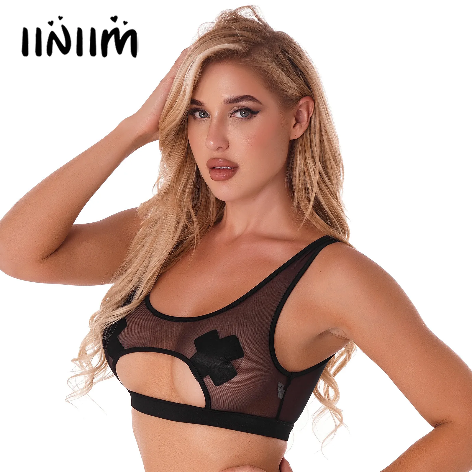 

Womens See-through Mesh Cutout Crop Top Rave Party Club Wear U Neck Sleeveless Vest Lingerie Tank Tops for Club Music Festival