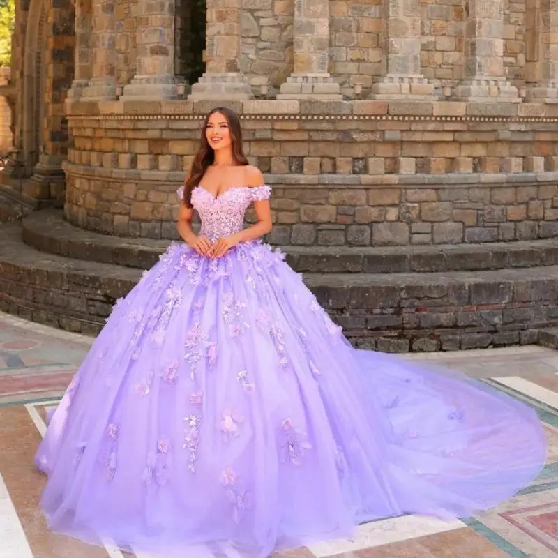 

Purple Shiny Off-shoulder Quinceanera Dress 2025 Sexy V-neck Party Dress Charming Applique Lace Party Prom Dress 16 Customized