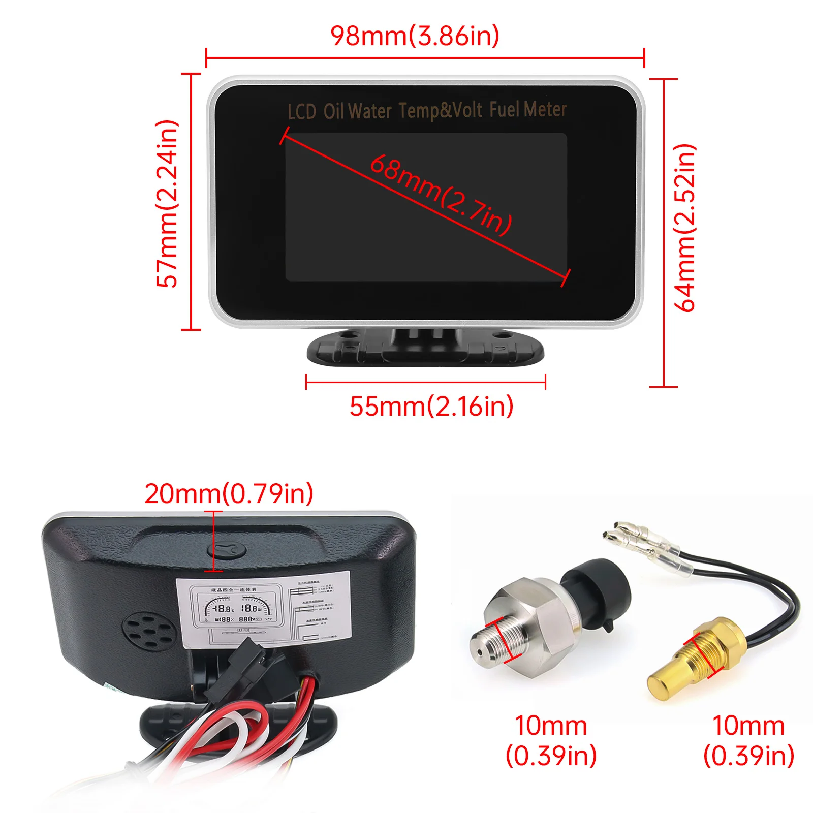 240-33 ohm Fuel Level Sensor 100-600mm 4 IN 1 Gauge with Alarm Fuel Level Gauge+Water Temp+Oil Press+Volt for Car Truck 12V 24V