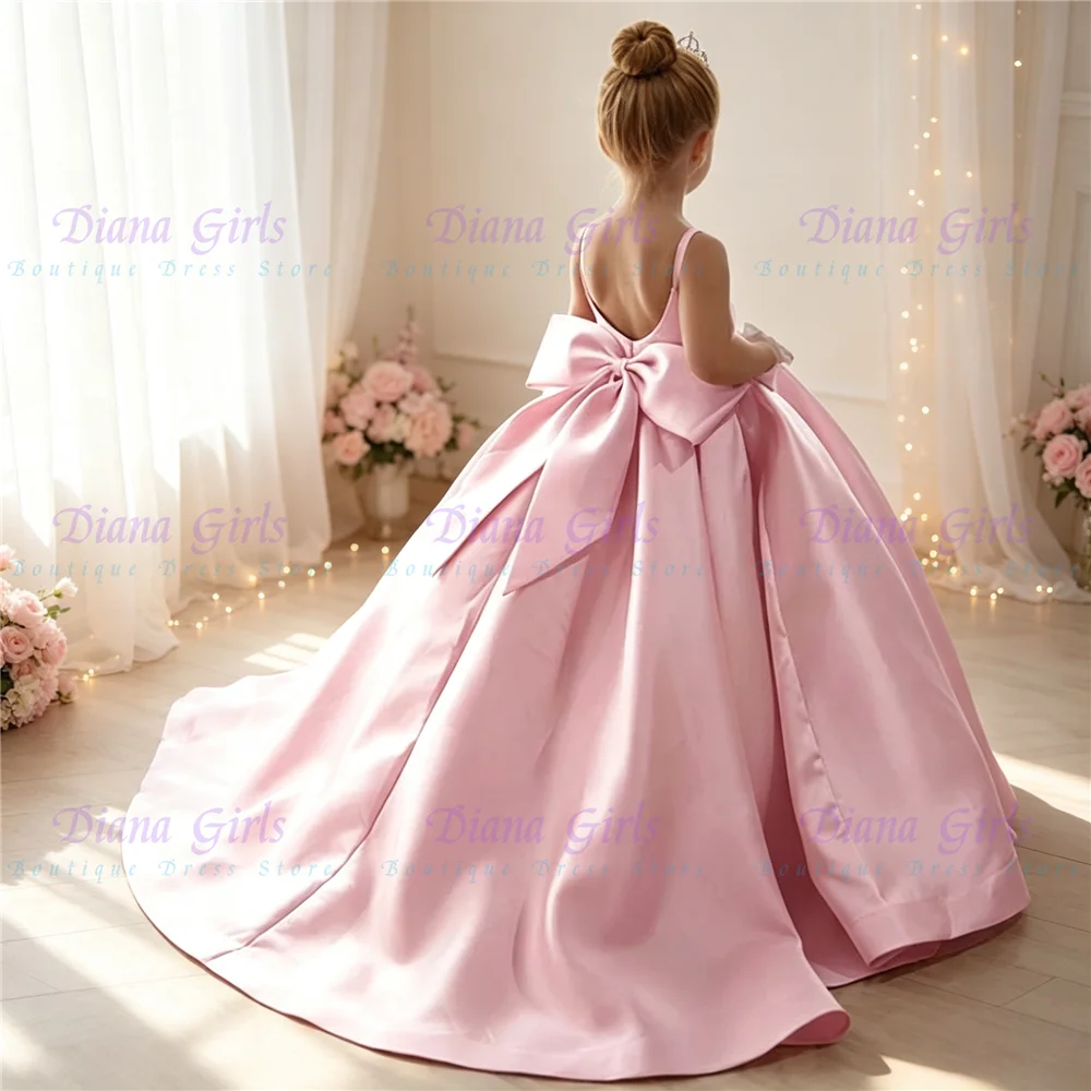 Quality Pink Satin Fluffy Flower Girl Dress with Bow for Little Princess Wedding Birthday Party Evening Ball Gowns Customizable