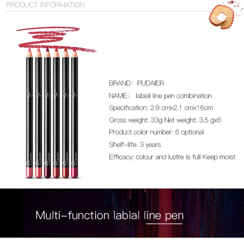 Wysokiej jakości 6-częściowy zestaw kredek do ust Odporny na pot Niełatwy do blaknięcia Nieprzywierający kubek Nude Lip Stick Liner Pencil Kit Kosmetyczny