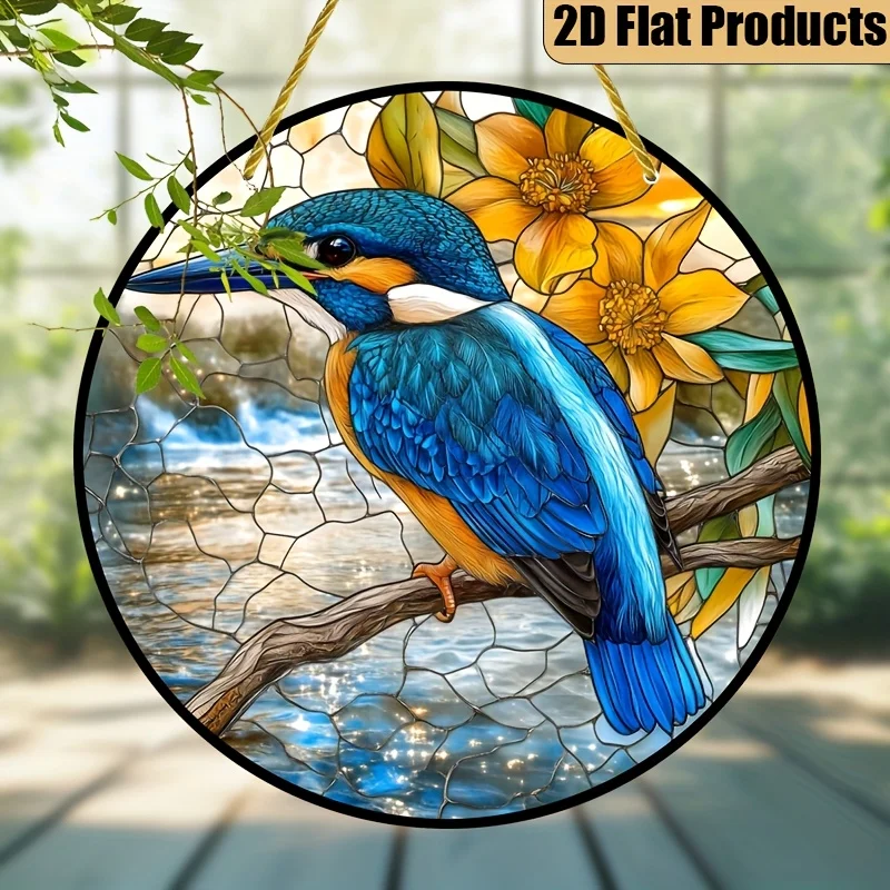 2D flach, 1 Stück, blauer Eisvogel-Sonnenfänger, Statue, Wandskulptur, rundes Acrylschild, Zuhause, Feiertagsdekoration, Ornamente, (7,87 x