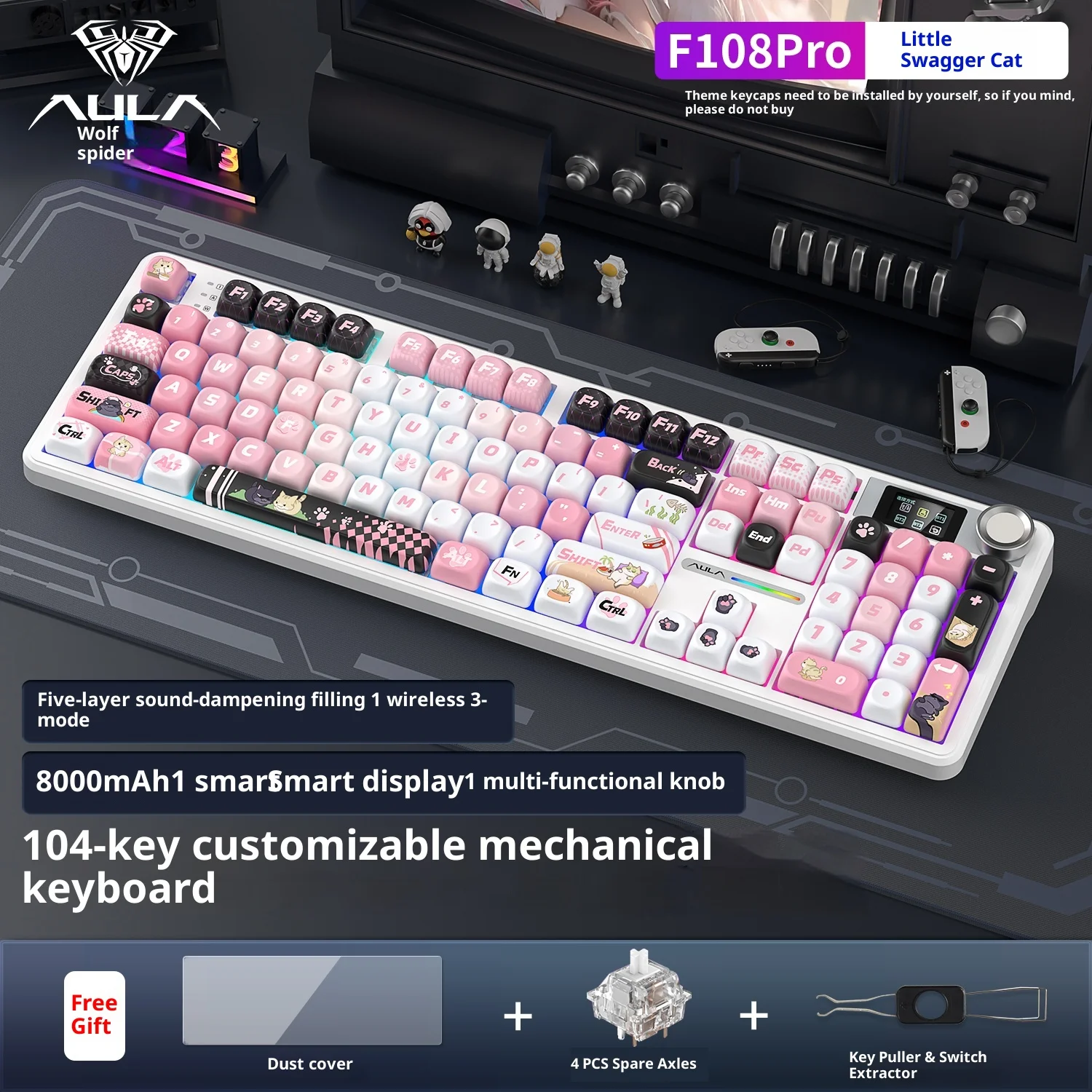 

Механическая клавиатура AULA F108PRO, трехрежимная мультяшная тема, офисные игровые подарочные колпачки для клавиш, эргономичный дизайн для удобного набора текста