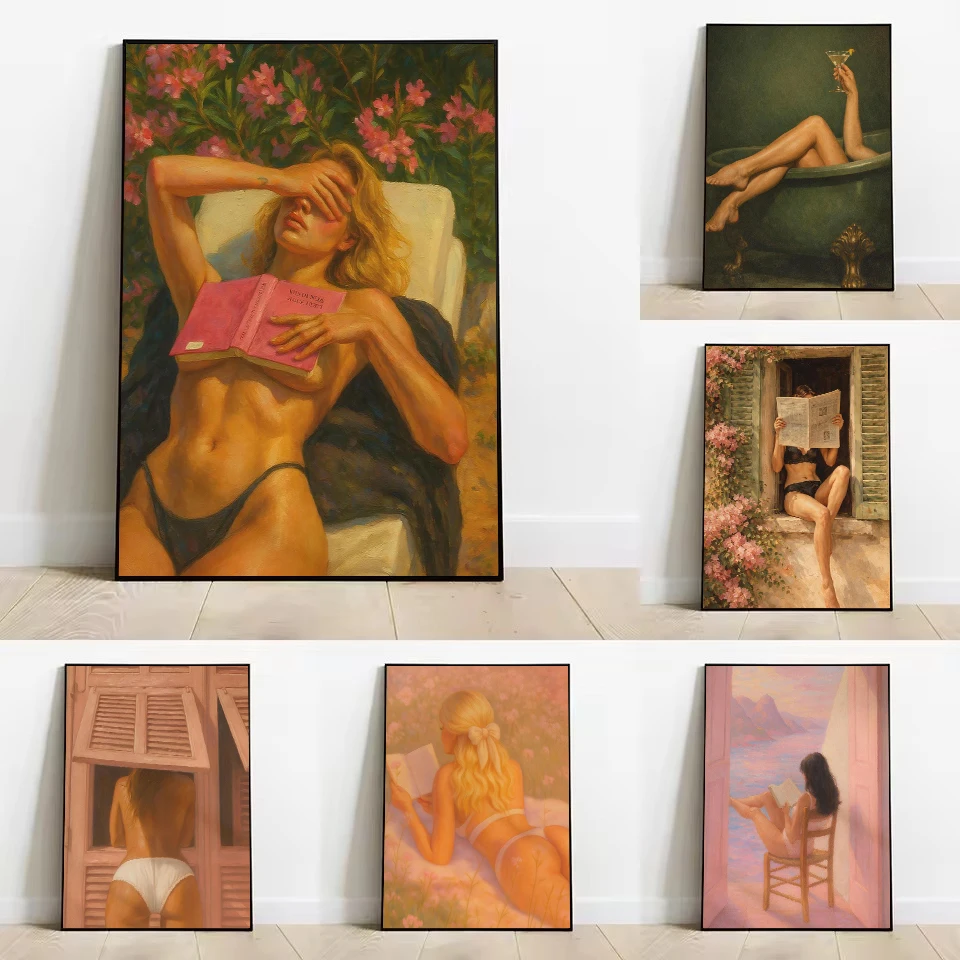 Vintage Bathroom Fashionable Cocktail Woman Sunbathing Aesthetic Poster Canvas Painting Wall Pictures Home Toilet Decor