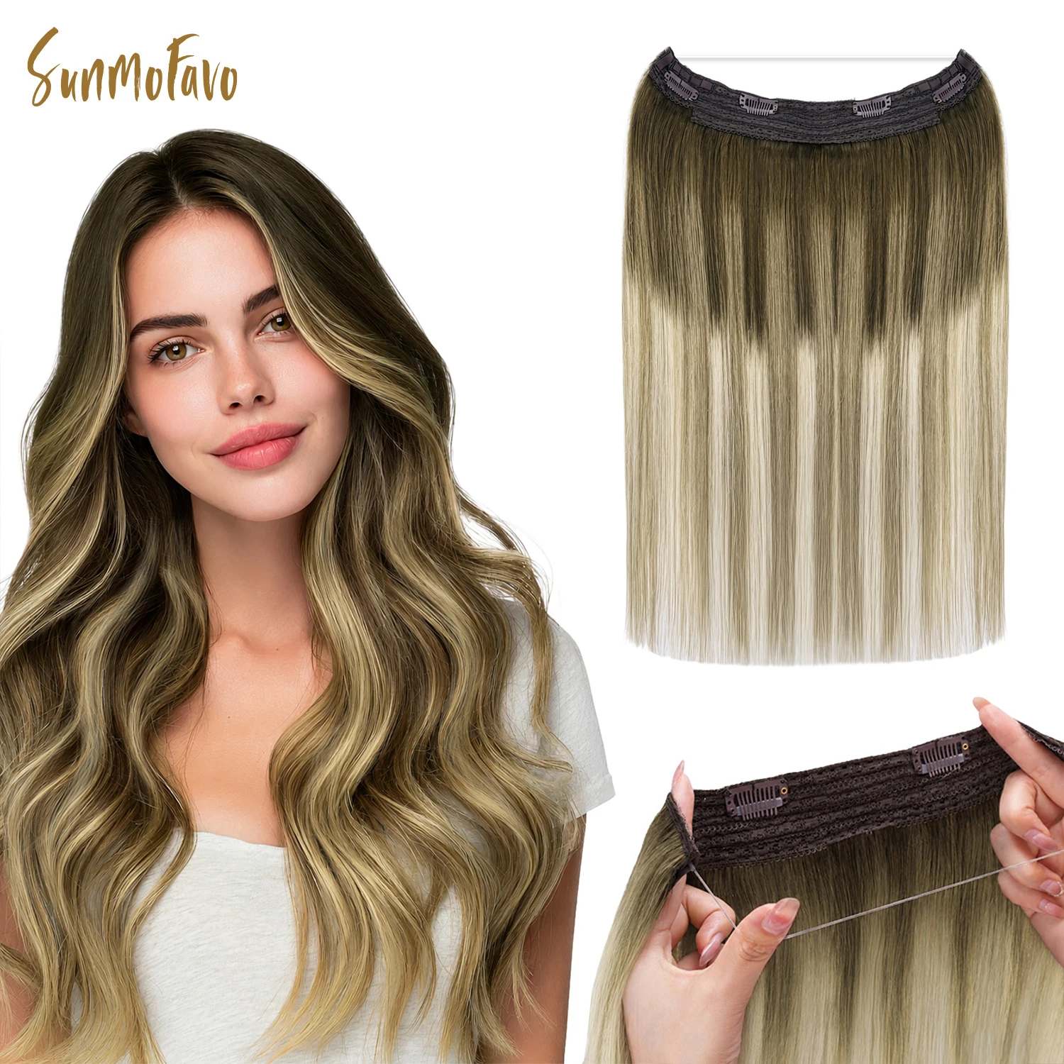Sunmofavo Invisible Wire In Hair Extensions Halo 100% Remy Human Hair Adjustable Hairpiece with 4 Clips Walnut Brown Bleach Blonde Ombre Seamless Undetectable for Thin Fine Hair Instant Volume Soft Straight Real Human Hair Daily Formal Occasion
