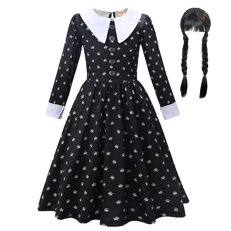 Wednesday Addams Cosplay For Girls Clothing Movie Wednesday Black Gothic Dress For Kids Party Dresses Halloween Costumes 3-12Yrs