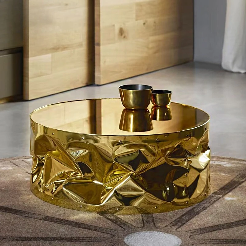 Luxury art designer metal mirror round coffee table, luxury villa living room high-end creative tea table