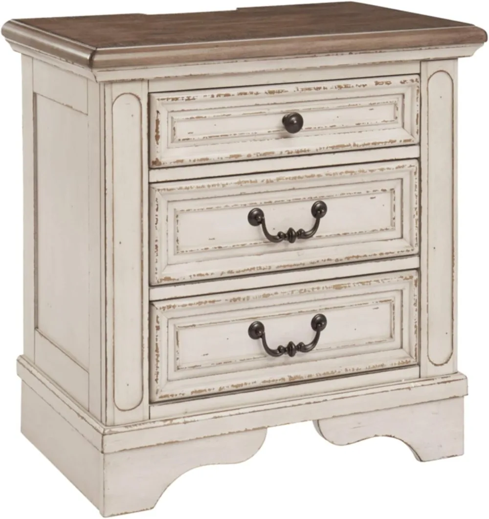 Signature Design by Ashley Realyn French Country 3 Drawer Nightstand with Electrical Outlets & USB Ports, 27.75