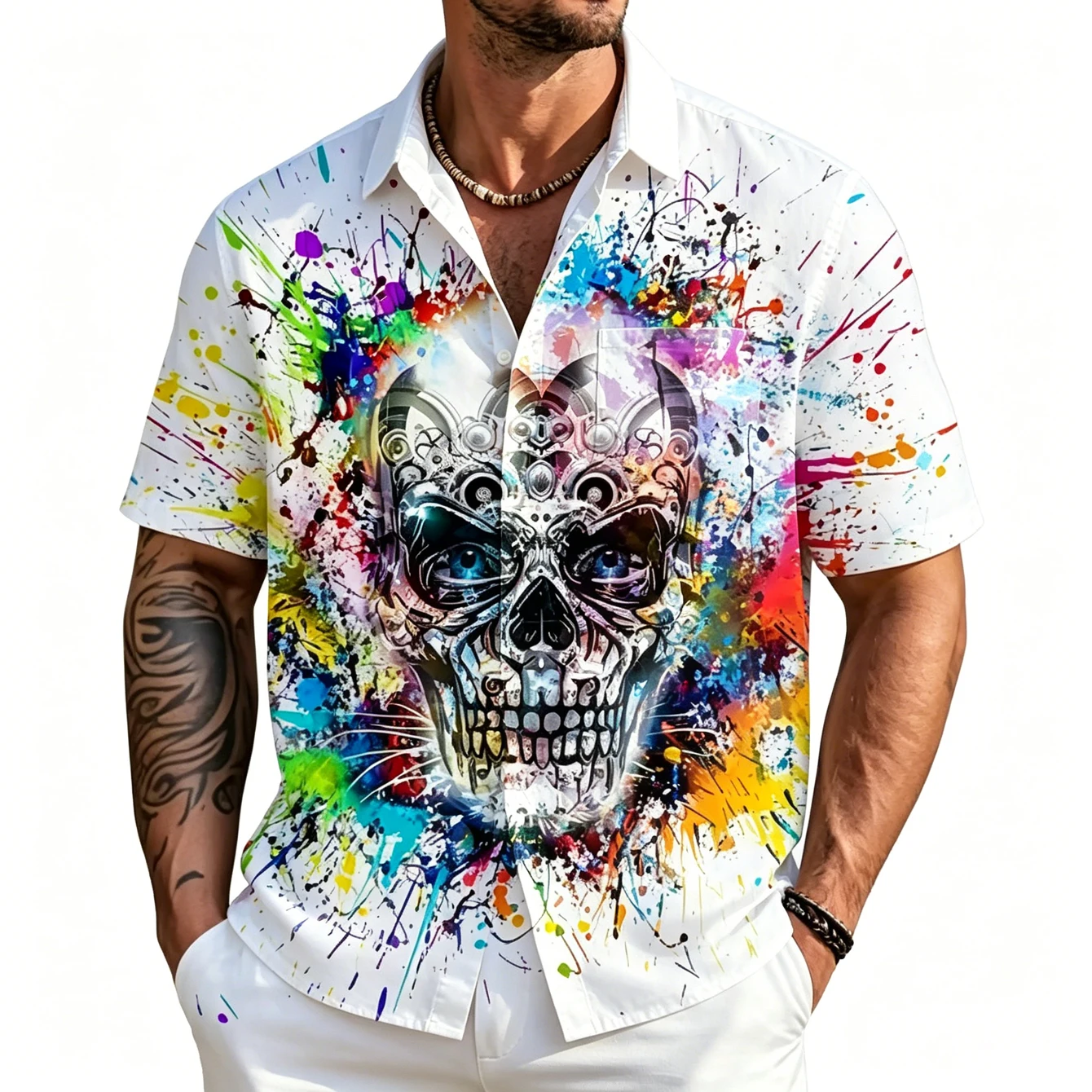 

Men's 3D Graffiti Skull Print Short Sleeve Shirt, Colorful Splash Art Button-Down Casual Top, Summer Streetwear Hip Hop Blouse,