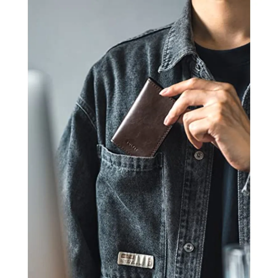Leather Business Card Holder 2 Sided Slim Business Name Card Organizer for Men or Women, Up to hold 20 cards Vintage
