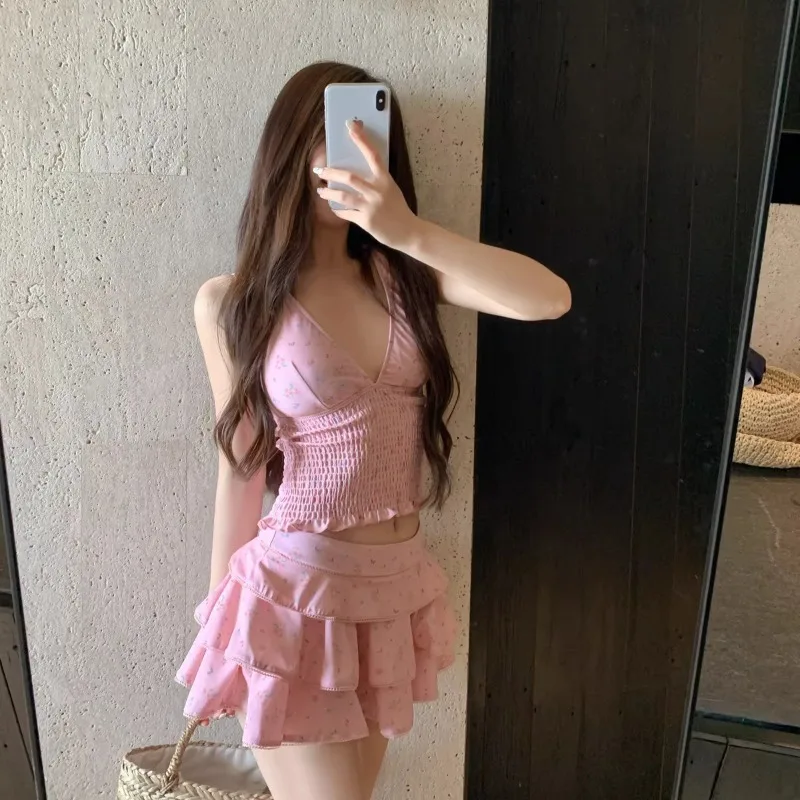 Women Pink Floral Two Piece Swimsuit Halter V Neck Ruched Top Layered Ruffle Skirt Modest Bathing Suit for Hot Spring Vacation - Image 5