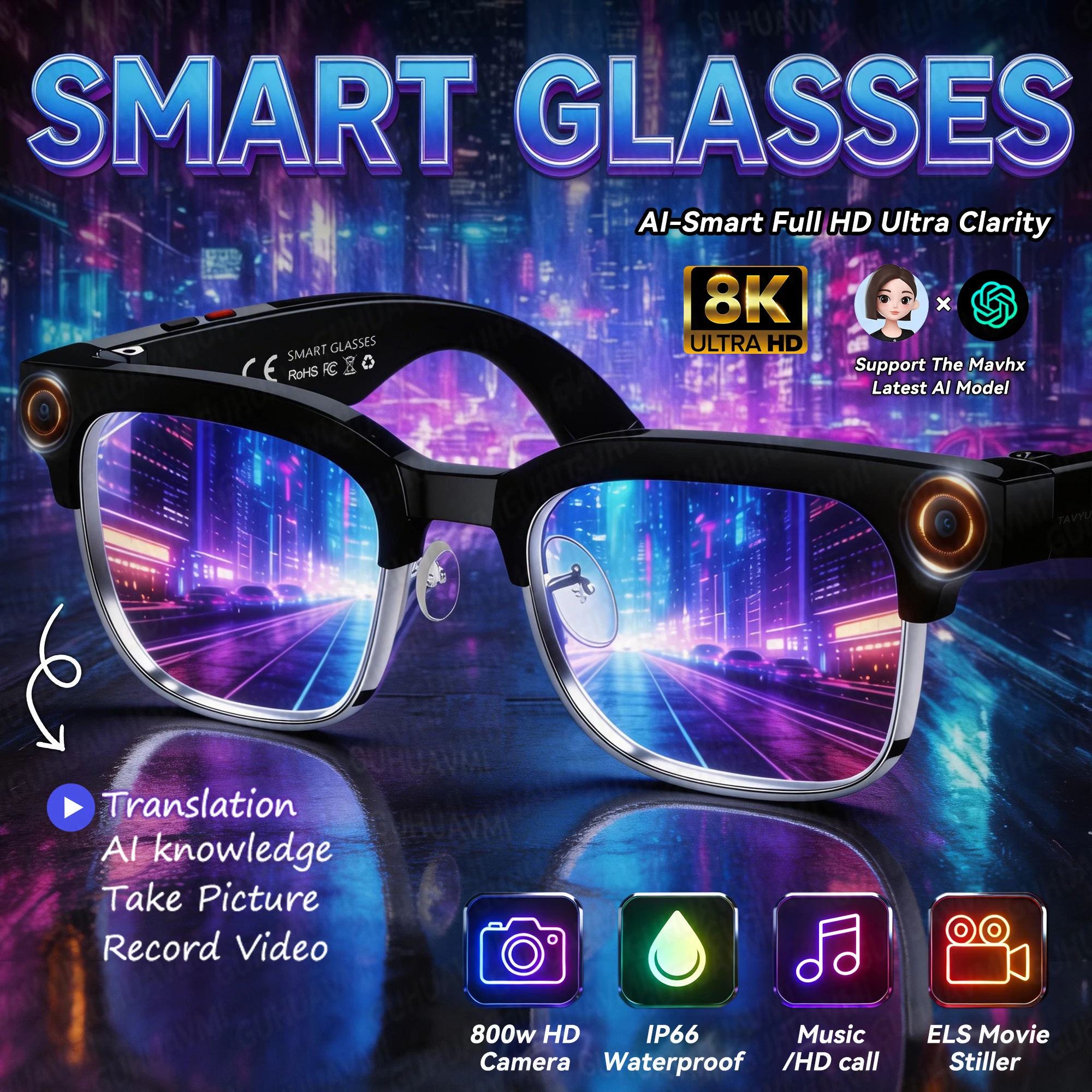 2026New 4K HD Camera Business AI Smart Glasses ELS Anti Shake 1080P Video AI Translation Call Recording Sports Glasses Men Women