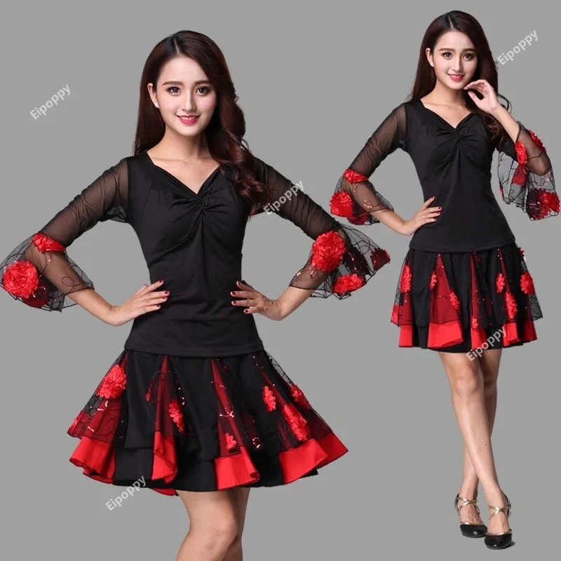 Ballroom Dance Costume Tops Flamenco Blouses Standard Modern Outfits Waltz Latin Salsa Rumba Dancewear Tops Long Sleeves