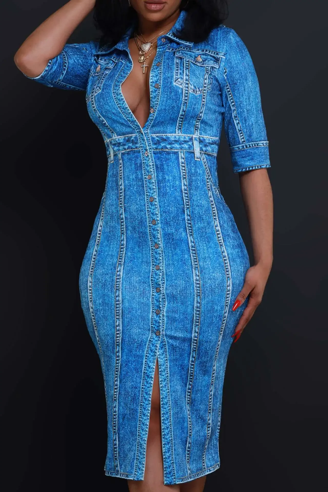 فستان نسائي مثير من قماش الدنيم بصدر واحد وأكمام طويلة فساتين طويلة بقصة ضيقة ملفوفة على الورك أنيقة فيستدوس 2025