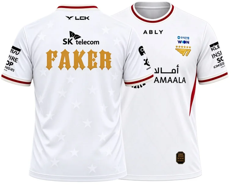 Esports Game Jersey Unisex White Short Sleeve Competition Tee, Red Trim Crew Neck Breathable Gaming Uniform for Men Women