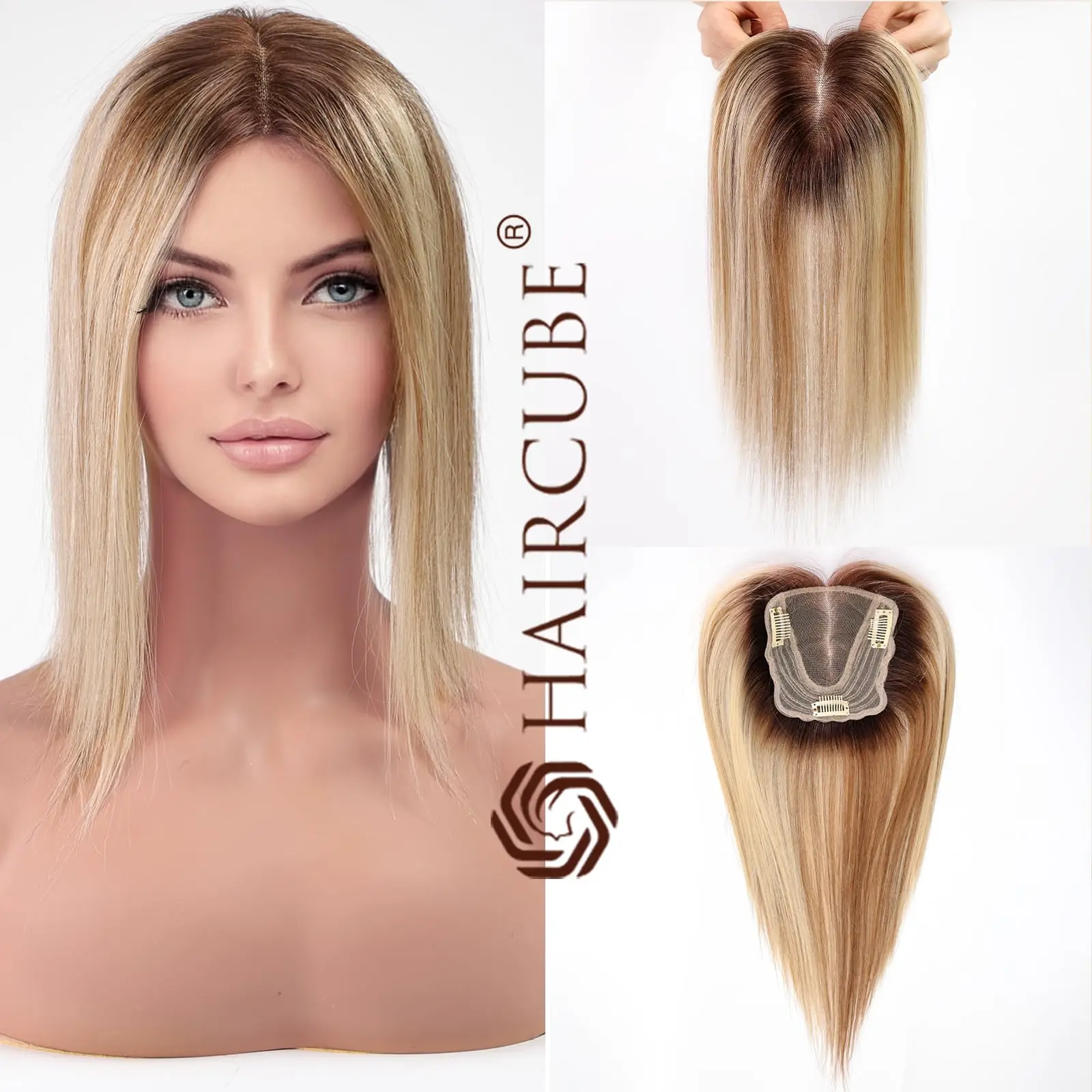 Blonde Brown Hair Toppers 14 inch Swiss Lace Invisible Human Hair Toppers Clip in Natural Hairpieces Fringe for Women Hair Loss
