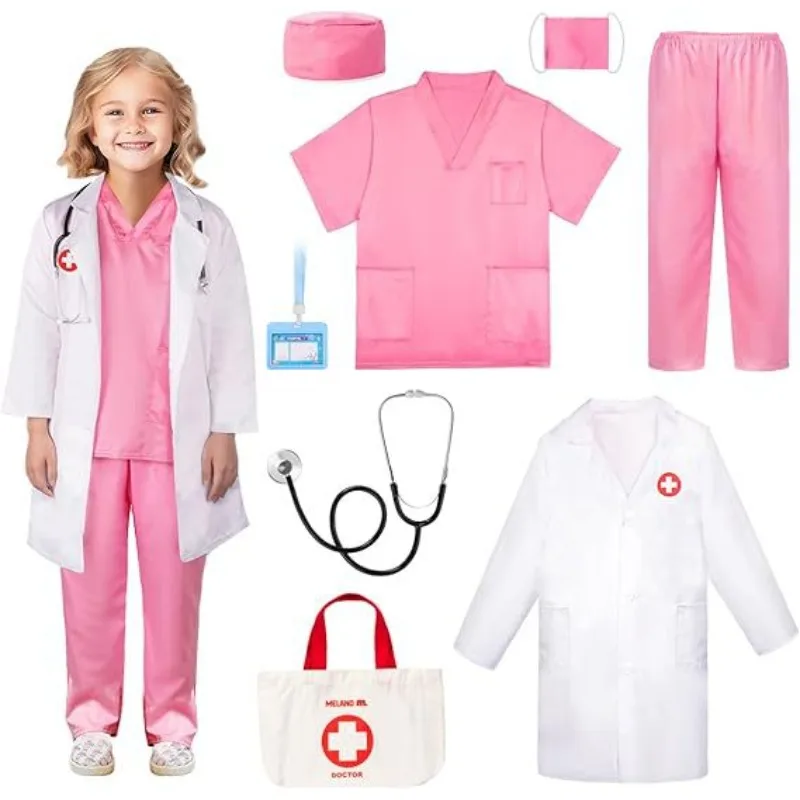 

Kid's Doctor Cosplay Nurse Costume Nurse Scrubs Set with Lab Coat Carry Bag Doctor Dress Up Halloween Career Day Role Play