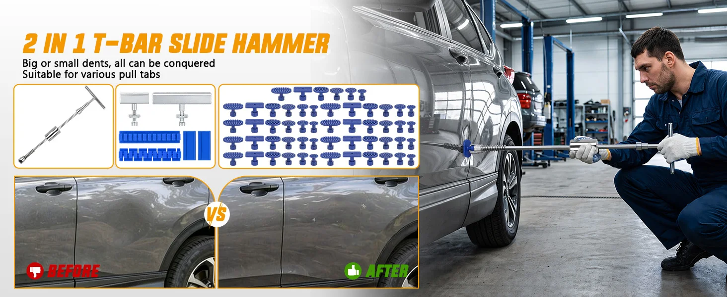 Nilight Car Dent Puller Paintless Dent Repair Kit Adjustable Lifter Glue Gun Rubber Hammer Tap-Down Pen 18 Puller Tabs Removal Tool for Car Refrigerator Dents Hail Damage Door Body Ding