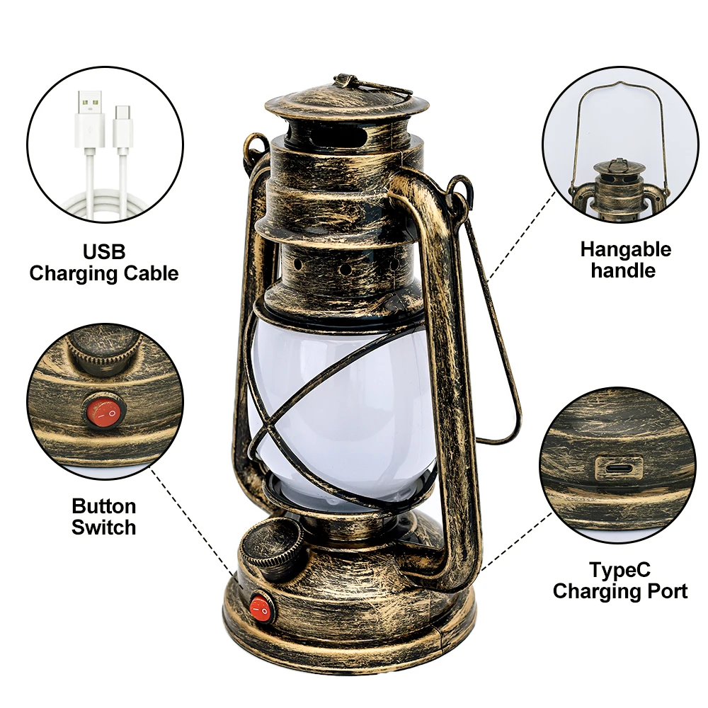 Rechargeable Retro LED Table Lamp 3 Lighting Mode Vintage Desktop Atmosphere Light Portable Lanterns Hanging Travel Camping Lamp