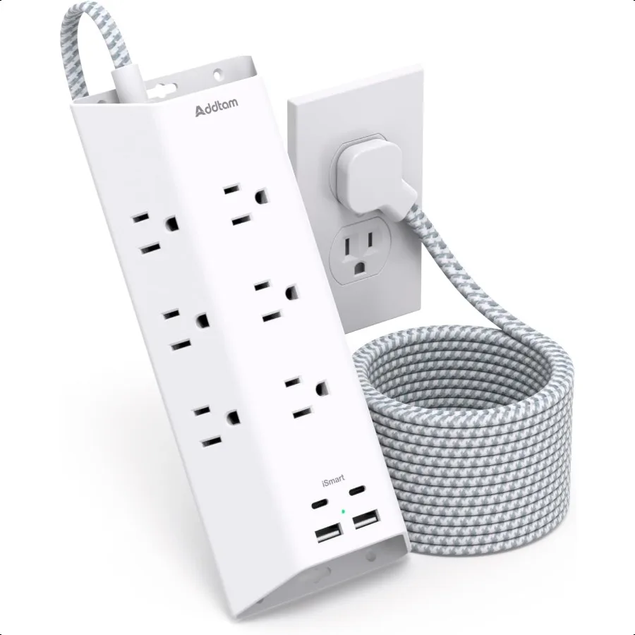 

Surge Protector Power Strip Addtam 5 ft Flat Plug Extension Cord with 4 USB Wall Charger 2 USB C Port 9 Widely Outlets Desk Cha