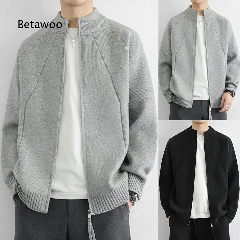 Mens Solid Color Zip Up Cardigan Sweater Versatile Knitwear Autumn Winter Outerwear Stand Collar Jacket For Multiple Daily Matc