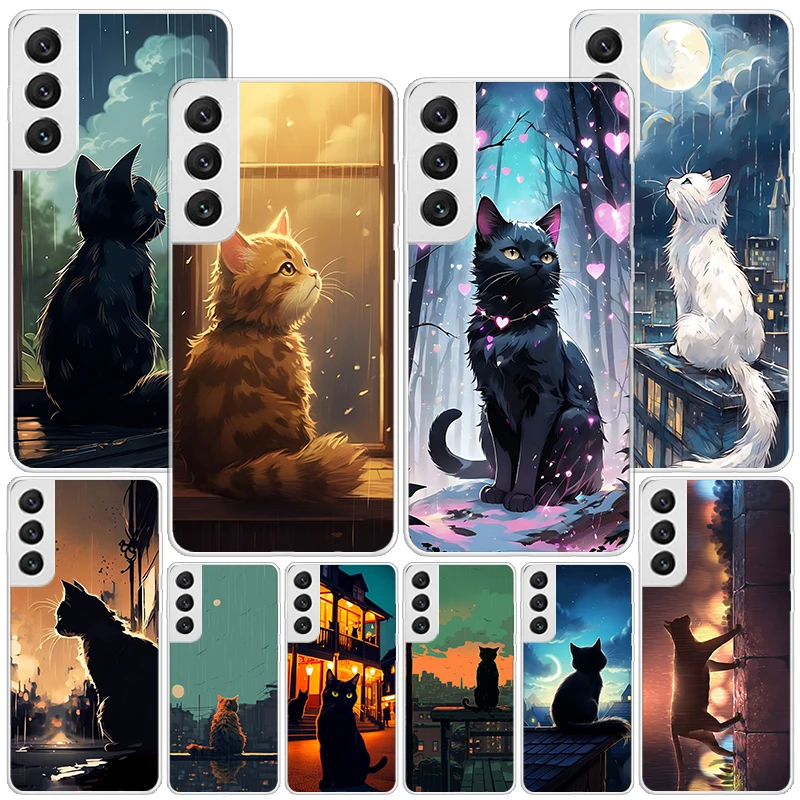 Anime Cat Rain Animal Phnoe Case for Samsung Galaxy S23 S24 Ultra S22 Plus S21 S20 FE S10E S10 S9 S8 + Unique Cover Coque