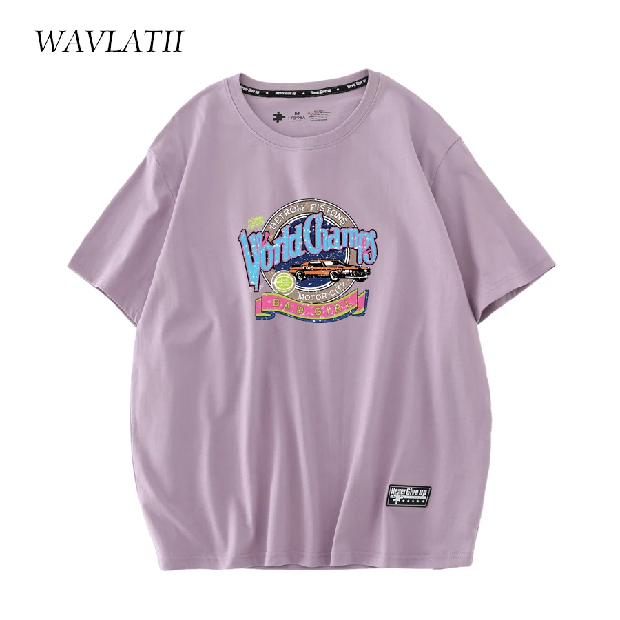 WAVLATII New Women Fashion Printed T Shirts Purple Cotton Casual Short Sleeve Tees for Female Streetwear Summer Tops WT2229