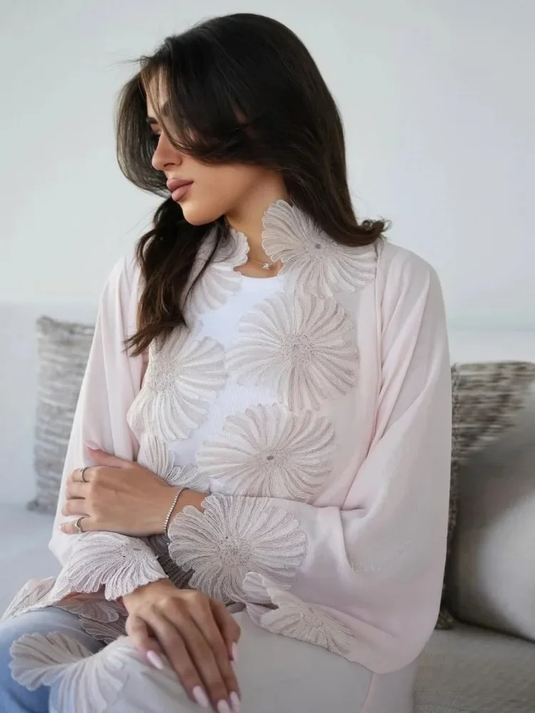 イードフラワー レディース ロングアバヤ ドバイ カーディガン ドレス モロッコ カフタン ムスリム ジャラビーヤ ラマダン パーティー ローブ アップリケ付き