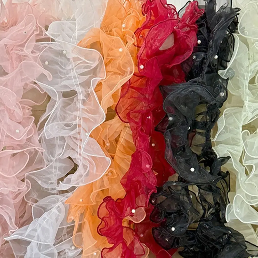 11cm Wide Organza Beaded Ribbon Wave Ruffle Edge Flower Lace Lolita Lace Accessories Pearl Fabric Edge 1 Yard Pleated Lace Trim