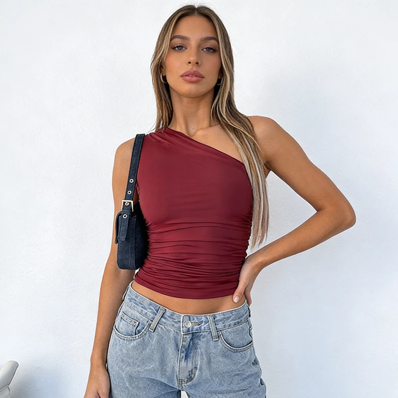 New Y2k Summer One Shoulder Slim Fit Sleeveless Crop Top 2026 Fashion Spring Sexy Women's Sexy Tank Tops Streetwear Blouse