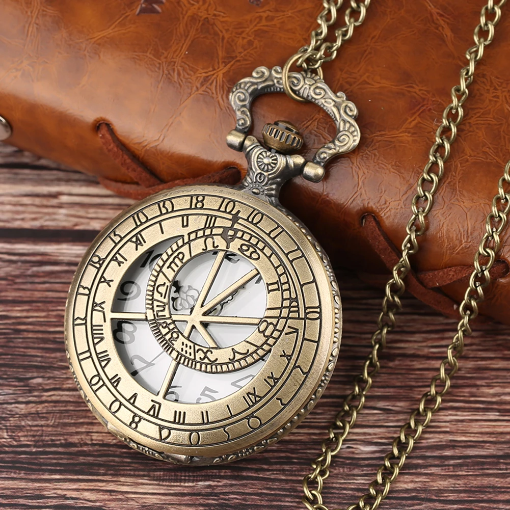 Zodiac Compass hollow out Pattern Bronze Retro Quartz Pocket Watches Men Women Necklace Watch Antique Pendant Gifts