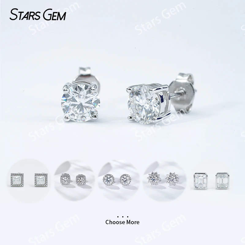 Starsgem S925 Sterling Silver Round Brilliant Cut Moissanite Diamond Stud Earrings