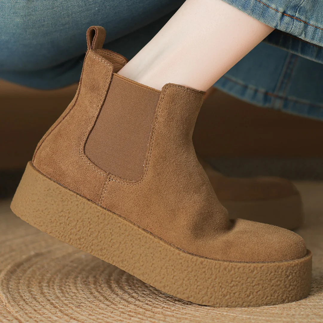 

Women's natural suede leather elastic fabric patchwork thick sole platform flats slip-on autumn ankle boots casual short booties