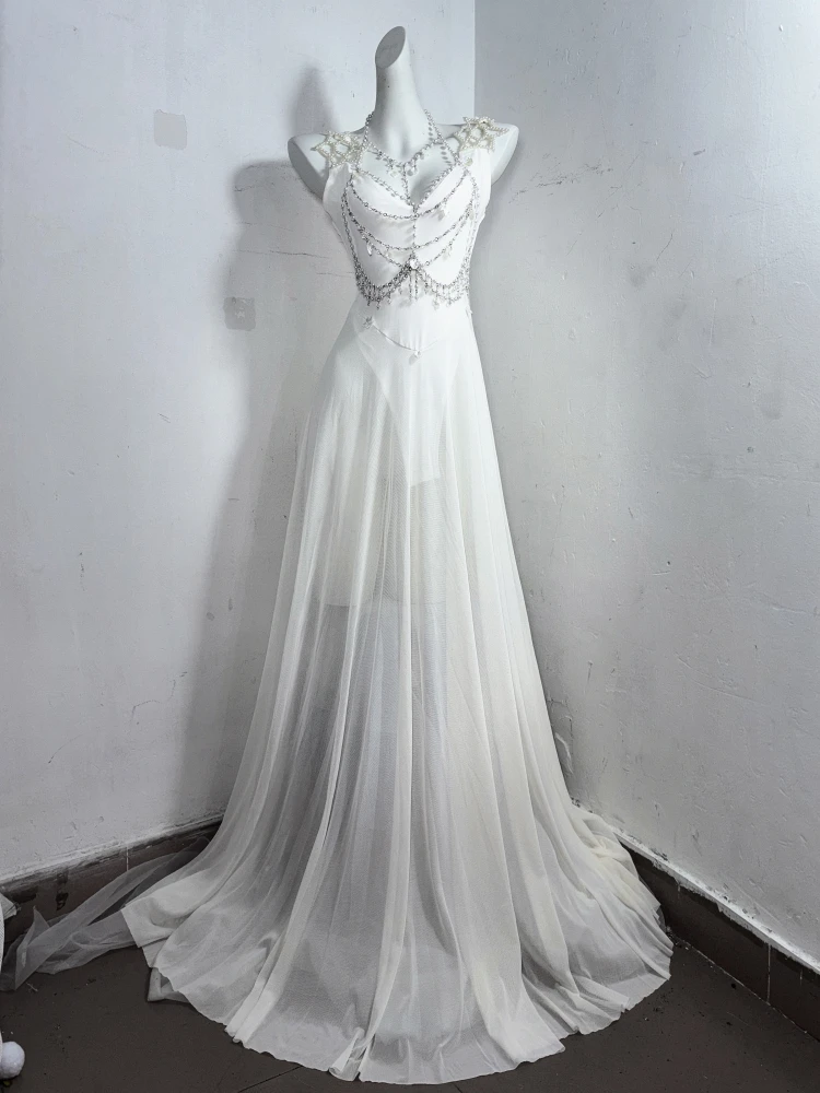 

Niche Designer Style Handmade Chain Decoration Dress Waist See-through Long