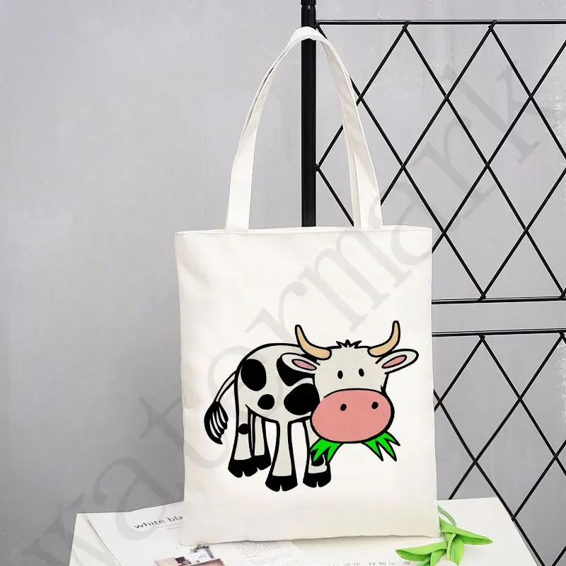 Sacola impressa de algodão de vaca para mulheres, bolsa de lona Harajuku, bolsa de compras de ombro dobrável para menina