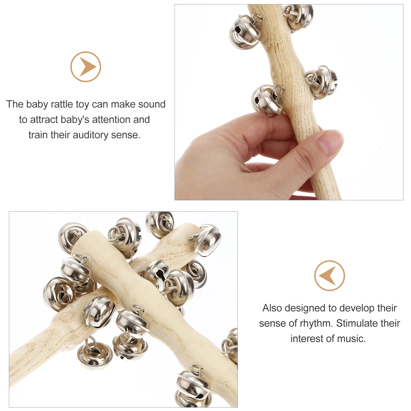 

3pcs Wooden Hand Jingle Bells Educational Musical Kids Smooth Design For Newborns Wood Rattle Handbell Training