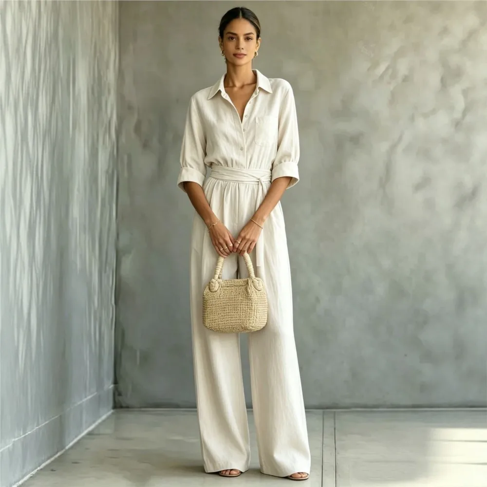 Women's Mid-sleeve Shirts Jumpsuits Spring Summer New 2026 New Fashion Elegant Waisted Lace-up Wide-leg Trousers Female Rompers