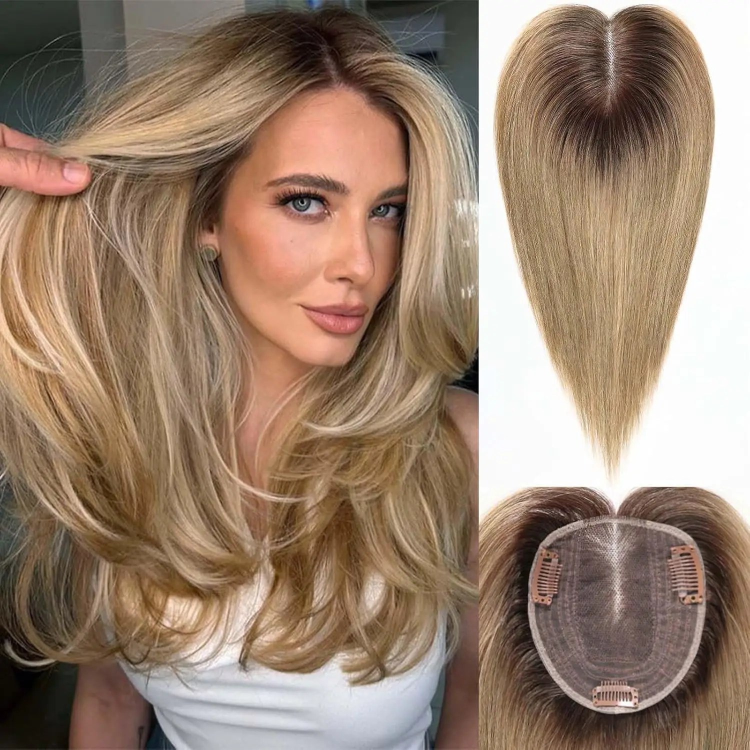 Ombre Light Brown 12 inch Human Hair Toppers for Women 100% Human Hair Middle Part Hairpieces 4*4.6 inch Swiss Base Hair Topper