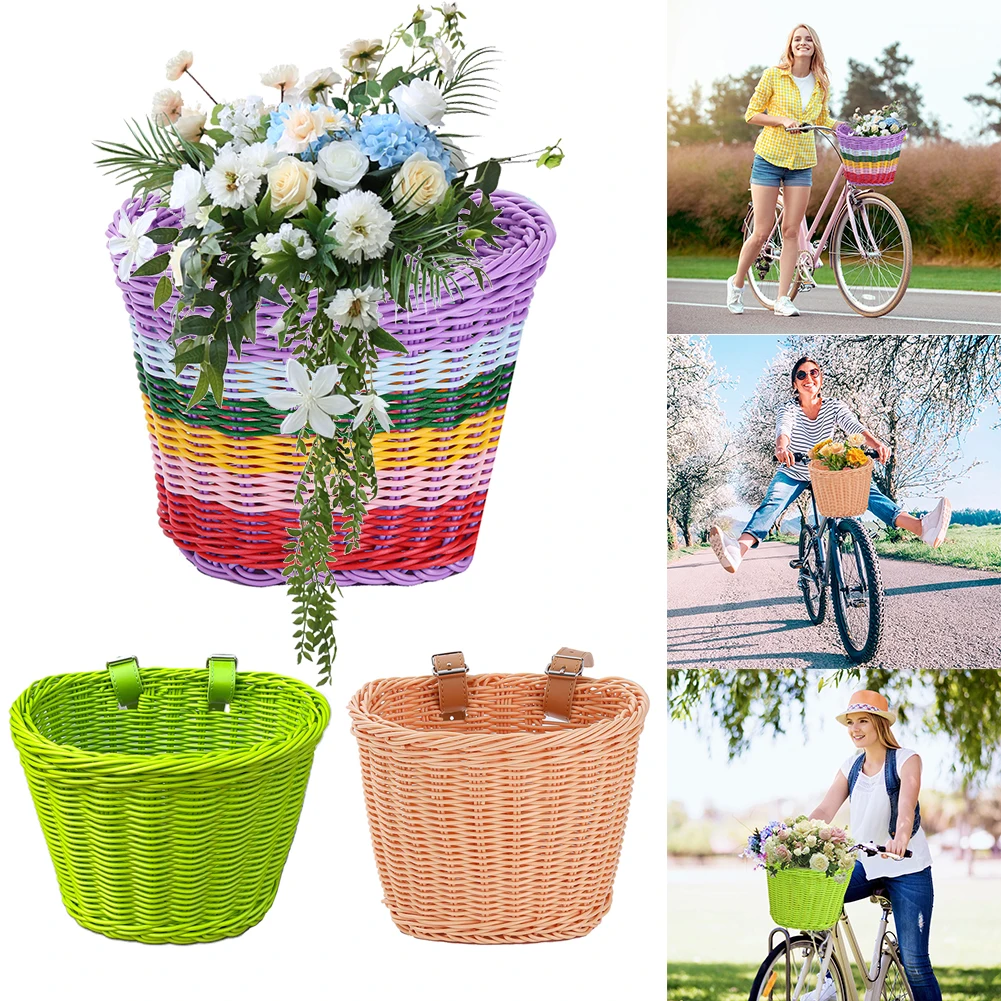 4pcs/Set PE Rattan Wicker Bicycle Front Basket+Bell+Tassel+Stickers Adjustable Handwoven Kid Adult Bike Handlebar Accessories